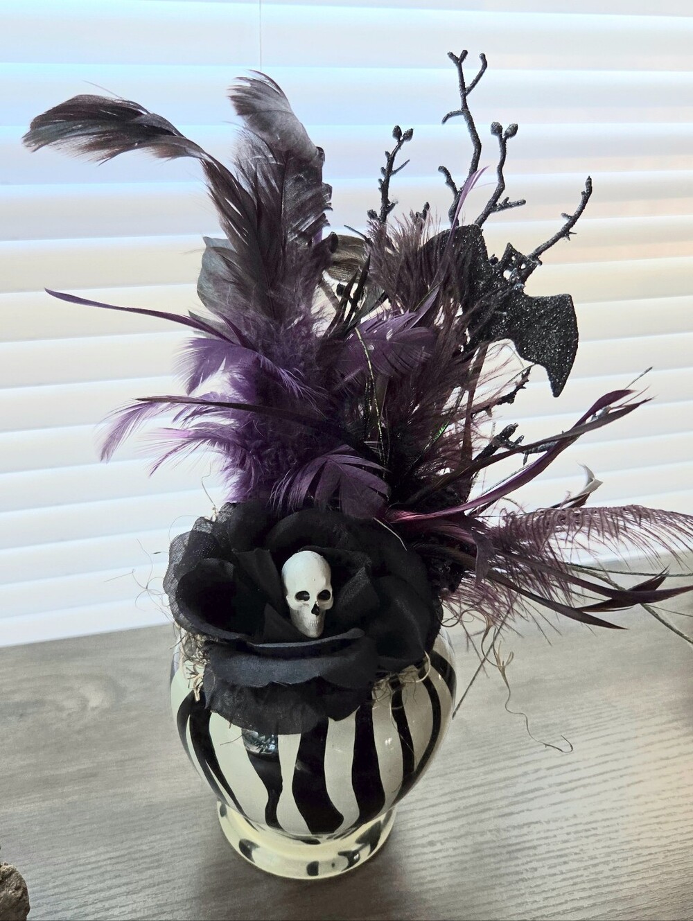 OOAK Halloween Skull Bat Peacock Feather Vase Beetlejuice Tabletop Decor